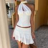 Two Piece Set of Neck Tie Top and Half Skirt Shoelace Top and Skirt Two