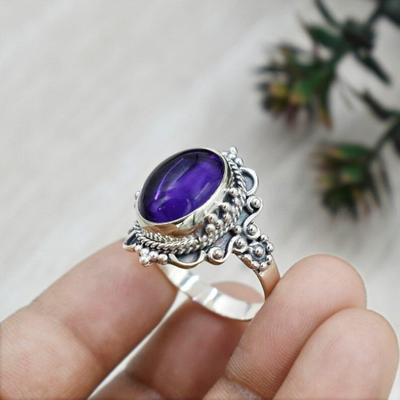 Amethyst Oval Gemstone Boho Designer Ring, 925 Sterling Silver Ring, Bohemian Ring, Statement Ring, Handmade Ring, Bezel Ring