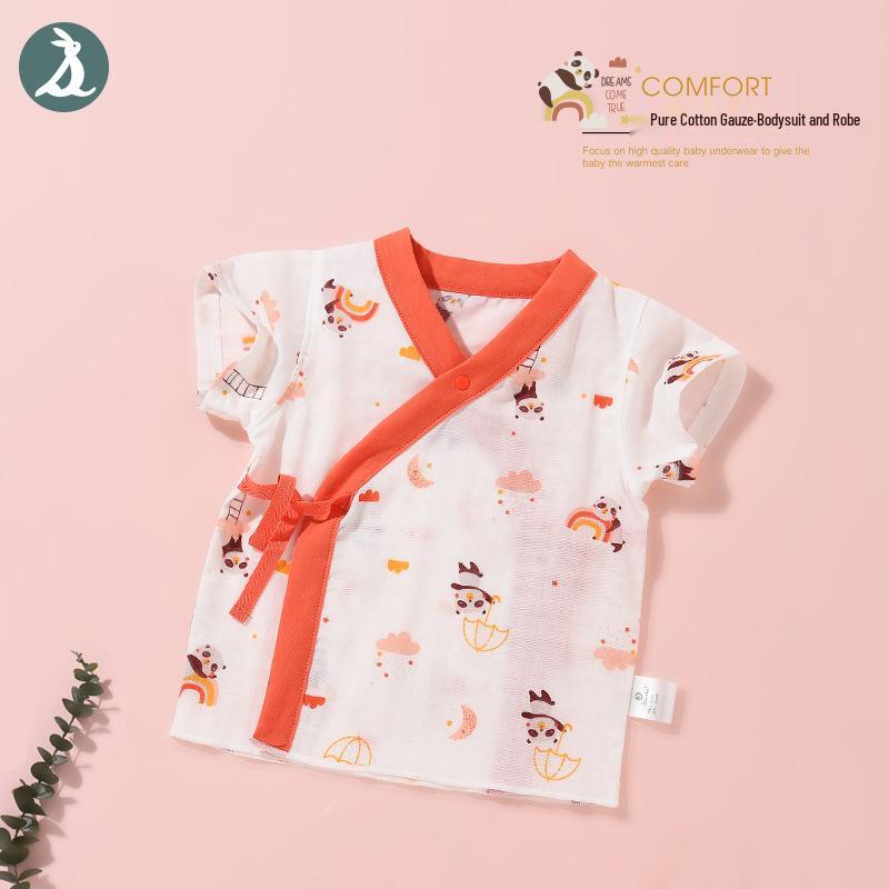 Newborn Cotton Gauze Short Sleeve Monk Robe - Baby Summer Home Wear 59 cm розовый