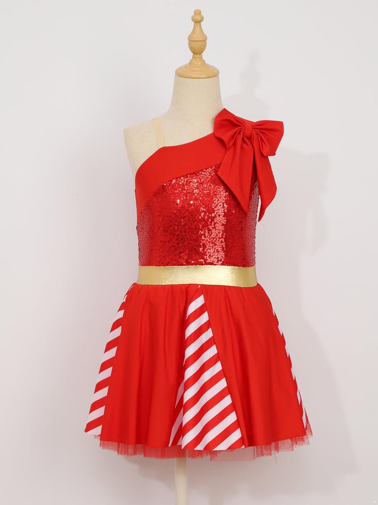 Girl Christmas Costume Sleeveless Sequins Stripes Tutu Dress Dance Dress Figure Skating Dress