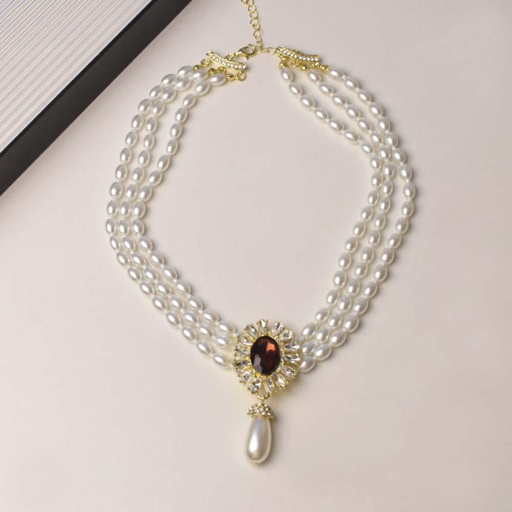 Franskt Vintage Pärlhalsband & Örhängesset med Diamantaccenter