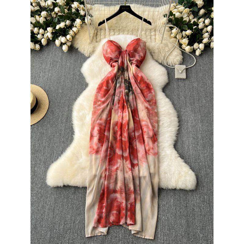 Holiday Atmosphere Dress Women's New Chinese Style Printed Skirt French Minority Chic Fairy Temperamental Suspender Dress