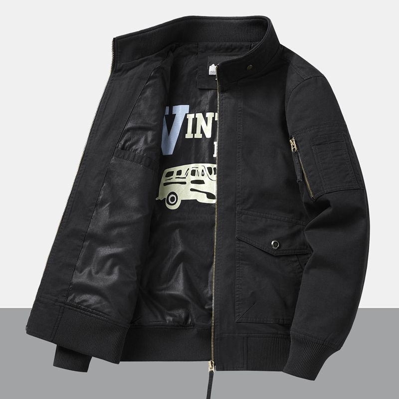 Men's Cotton Jacket Spring Autumn Solid Color Casual Loose Multi-pocket Outdoor Travel Stand Collar Top Men's Work Coat
