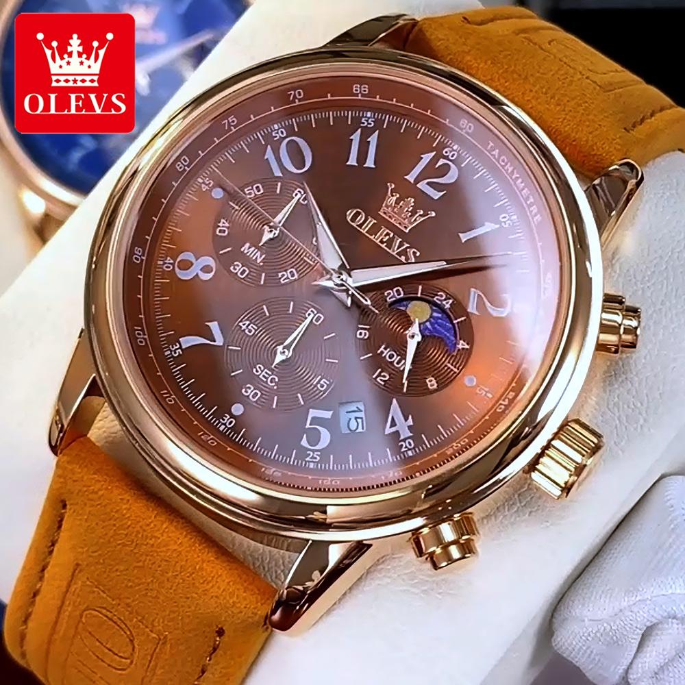 OLEVS Men's Watches Casual Fashion Leather Strap Waterproof Original Quartz Wristwatch for Man Moon Phase Date Chronograph 2912