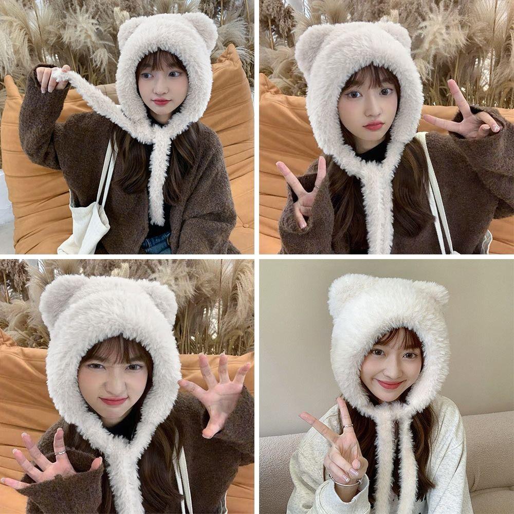 

Cute Bear Ears Winter Hat Velvet Lining Bucket Hat Fashion Windproof Cap for Women рожевий