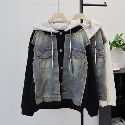 Herbst und Winter neue lockere lässige Kapuzen-Design-Pulloverjacke Weiblichkeit Patchwork Denim Strickjacke