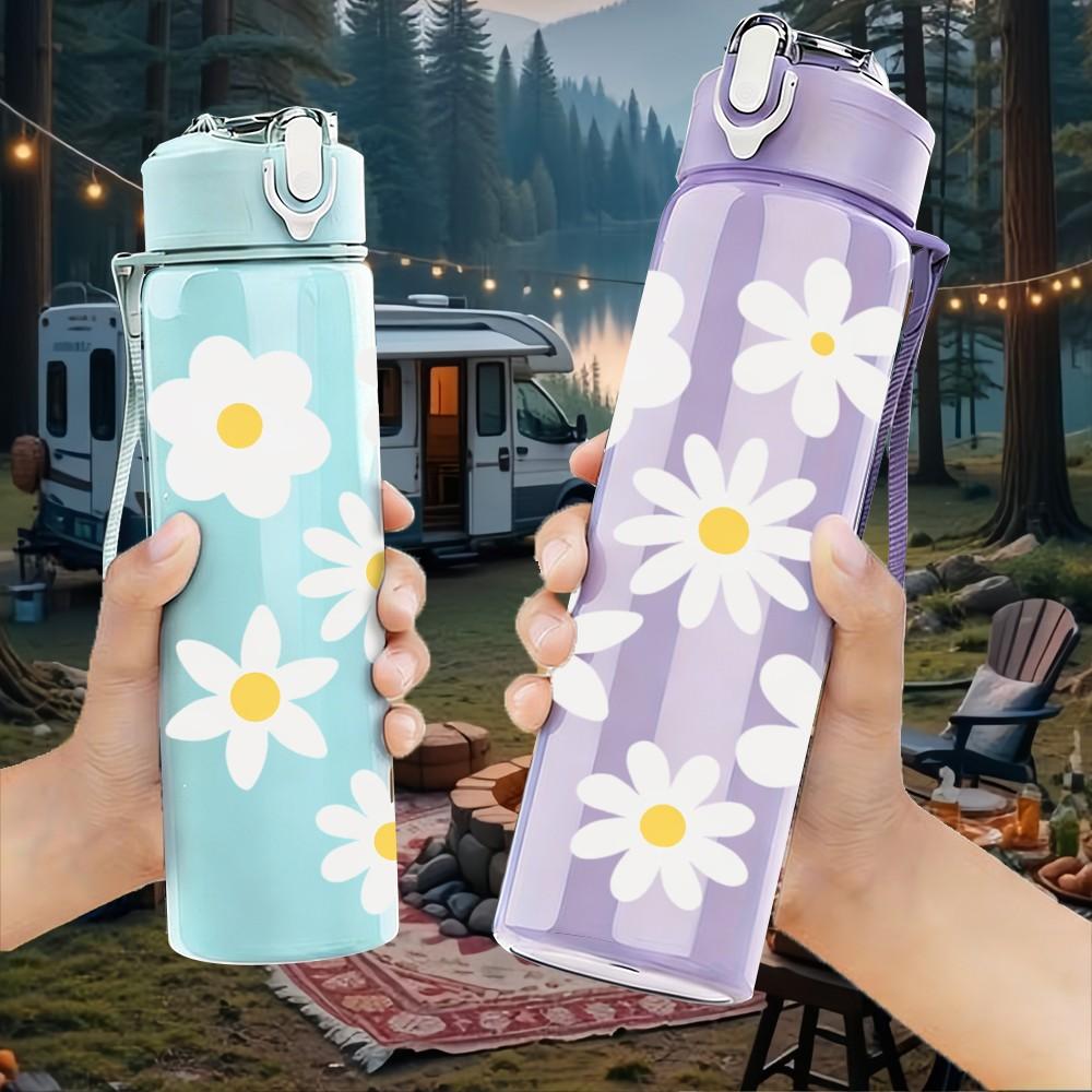 1PC White Daisy Flower Simple Floral Pattern 750ml Color Plastic Sports Water Bottle Leakproof Flip Straw Lid Suitable for Sports Office Home Use