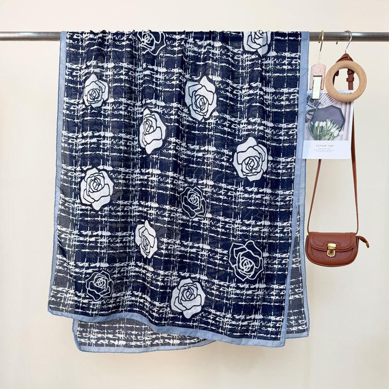 New spring and summer plaid rose scarf women's thin classic camellia breathable shawl travel sun protection