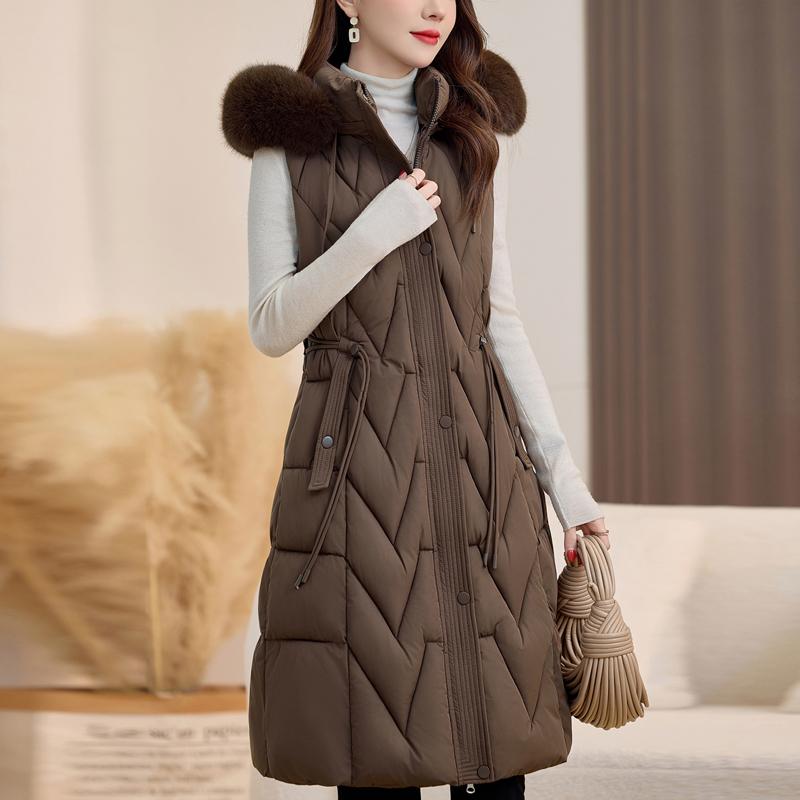 

Модный зимний женский длинный теплый жилет с капюшоном, воротником из искусственного меха, толстый безрукавный парка, женские куртки 2XL коричневый