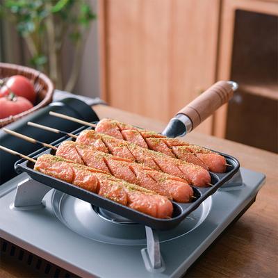 Pre Seasoned Cast Iron Non Stick Grilled Sausage Pot with Wooden Handle Multi Sausage Cooking Fry Pan