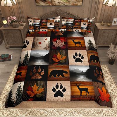 Homewish Deer Bear Plaid Duvet Cover Set 2pcs/3pcs, Rustic Farmhouse Lodge Cabin Bedding Set, Hunting Moose Bed Set