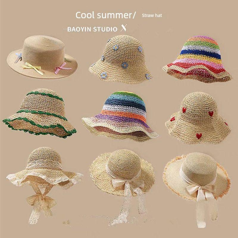 100.00kg Plus Size Women's Big Brim Grass Bows Hand-Woven Seaside Beach Hat Sun-Proof Face Cover Sun-Shade Straw Hat