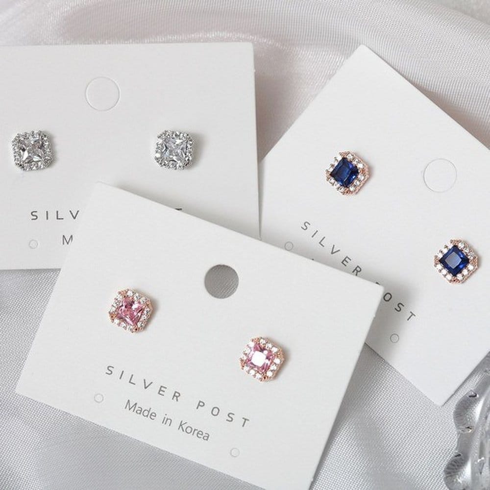 Square color cubic point silver 92.5 silver needle earrings, silver needle earrings, silver pin earrings, earring gift