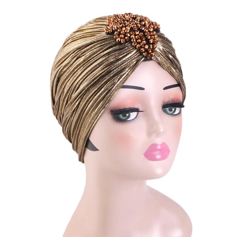 Nové dámské zlaté stříbrné turbanové čepice chemo bandana hidžáb plisovaná indická čepice turbante klobouk dámský šátek na vlasy muslimská pokrývka hlavy