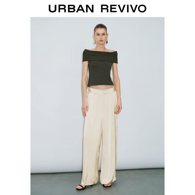 UR 2024 Autumn Women's French Off-Shoulder Short Knit T-Shirt