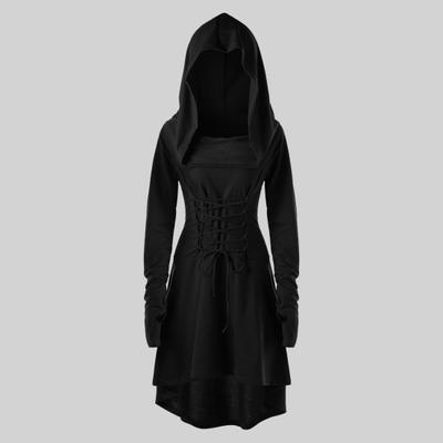 Women Cosplay Dress Gothic Solid Color Lace-up Strap Slim Waist Irregular Hem Hooded Long Sleeves Theme Parties Role-Playing Festival Halloween