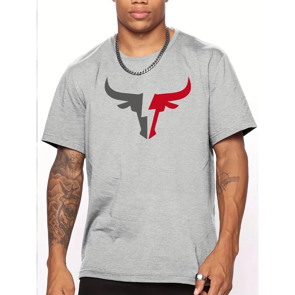 Summer Men's 100% Cotton Comfortable Casual Loose Fit Plus Size Bull Pattern Print Sports Round Neck Short Sleeved T-shirt Top