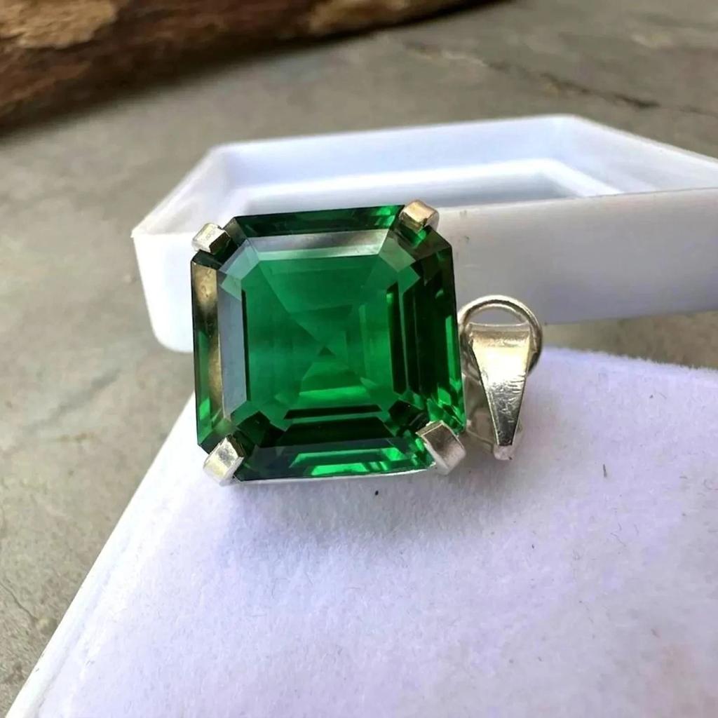 Natural Green Emerald 25 Ct Asscher Cut 925 Sterling Silver Gemstone Pendant
