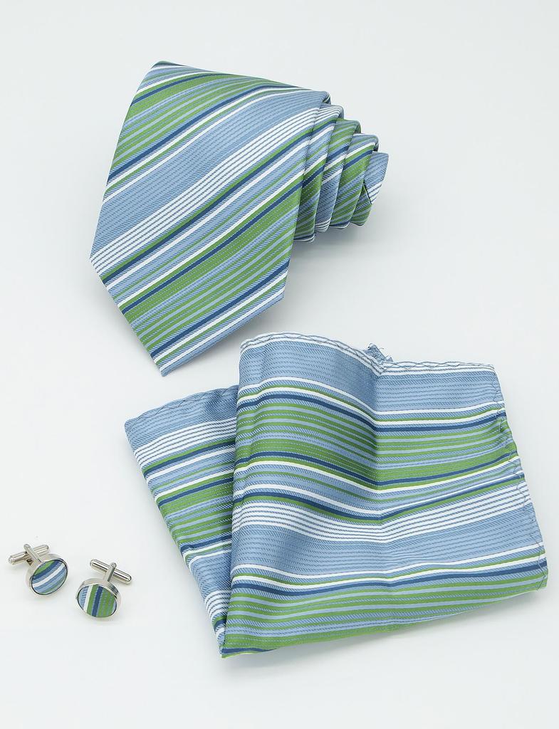 Gestreiftes Krawatten-, Einstecktuch- und Manschettenknöpfe-Set - Business Formal, 8,5 cm breit, Anzugzubehör