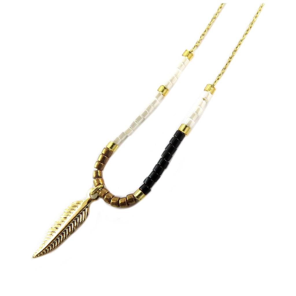 7bis [Q1532] - Handmade 'Boho' Black Beige Gold Necklace (feather) - 12x4 Mm