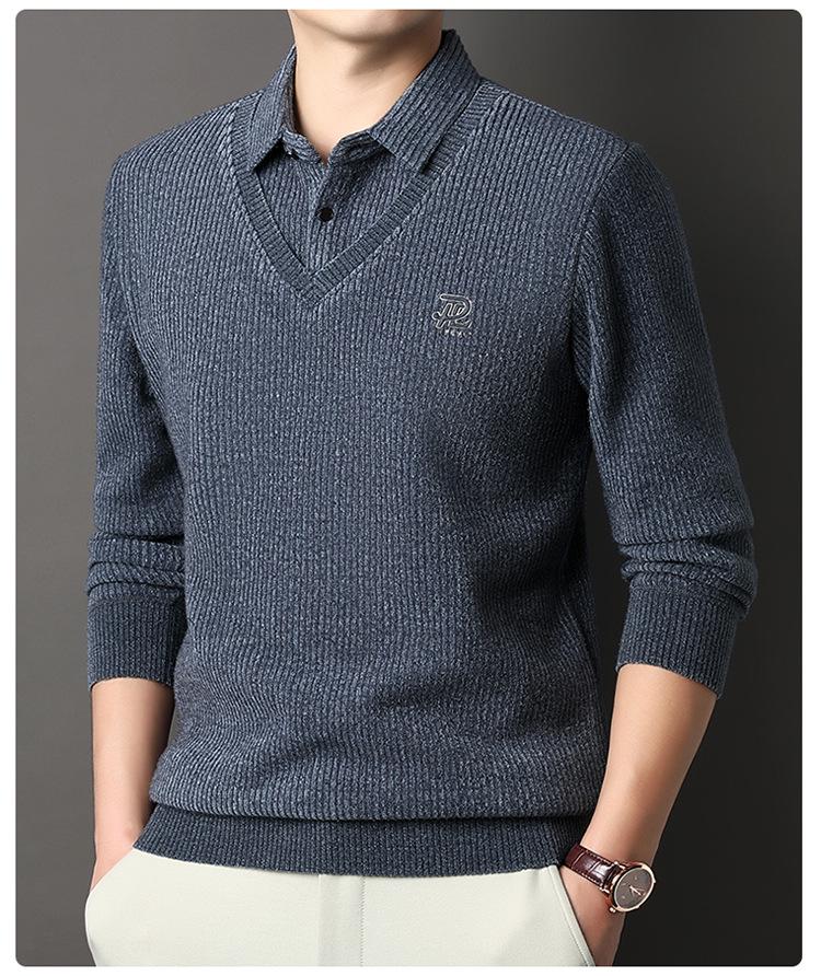 Men's 2025 Winter Knit Sweater with Shirt Collar - Plus Velvet, Thick, Warm, Long Sleeve, Fake Two-Piece Design for Middle-Aged