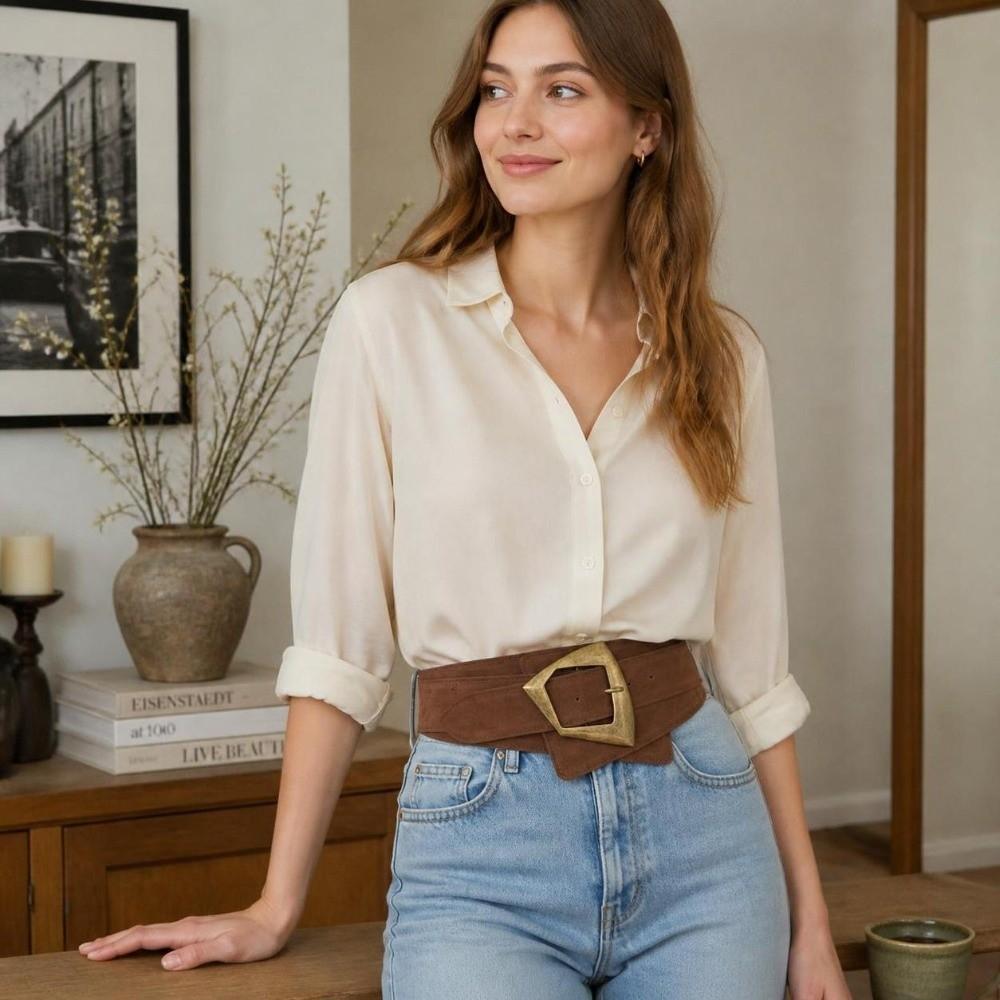 Retro Wide Waist Belt Metal Buckle Wide Waistband Elegant Waist Cincher For Coats Jeans