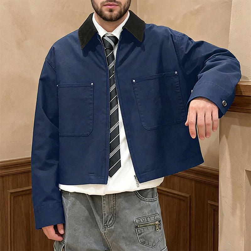 INCERUN Men Lapel Neck Long Sleeve Zipper Stitching Casual Cargo Jackets Coats