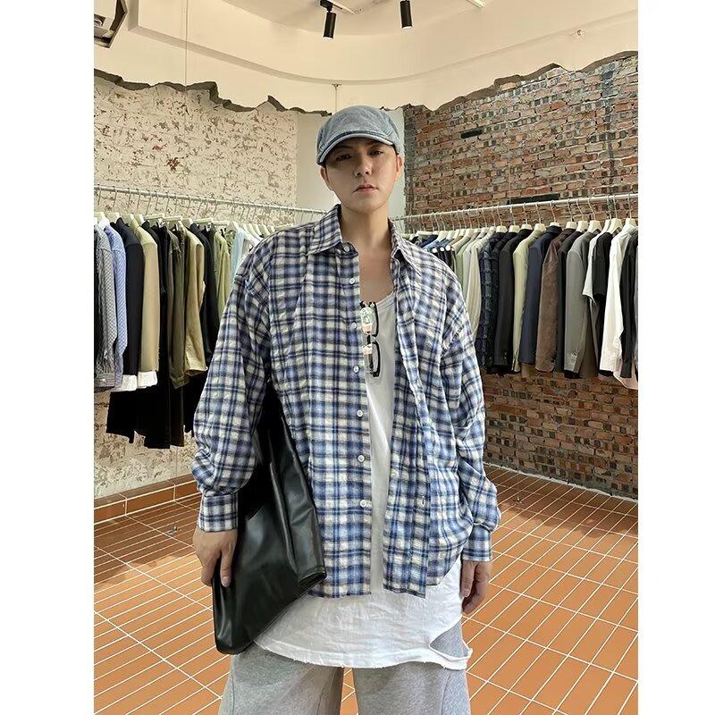 2024 Plaid Long Sleeve Shirt Japanese Hong Kong Style Ins Loose Shirt Boys Summer Trendy Versatile Casual Coat