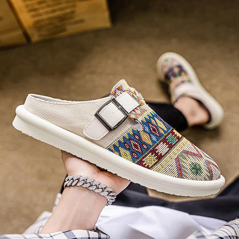 Large Size 46 47 Tribal Mules Man Backless Loafers Slipper Half Shoes For Men Slides Mens Slip On Flats Semi-Drag Casual Shoes