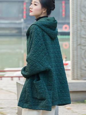 Women Vintage Hooded Parkas Button Bat Sleeve Solid Color Warm Coats Winter Female Casual Loose Parkas Coats