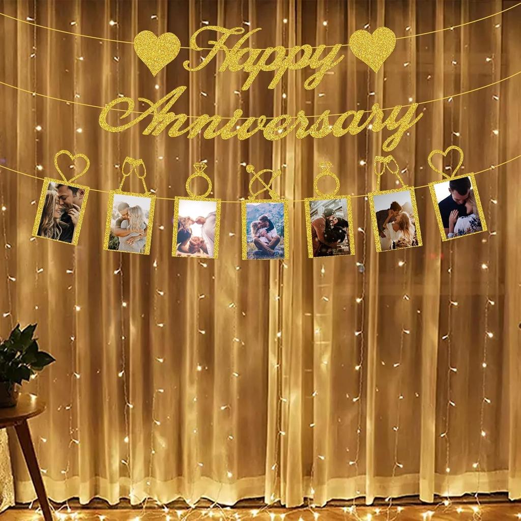 Happy Anniversary Party Decorations - Banner and Photo Banner for Wedding Party Decor