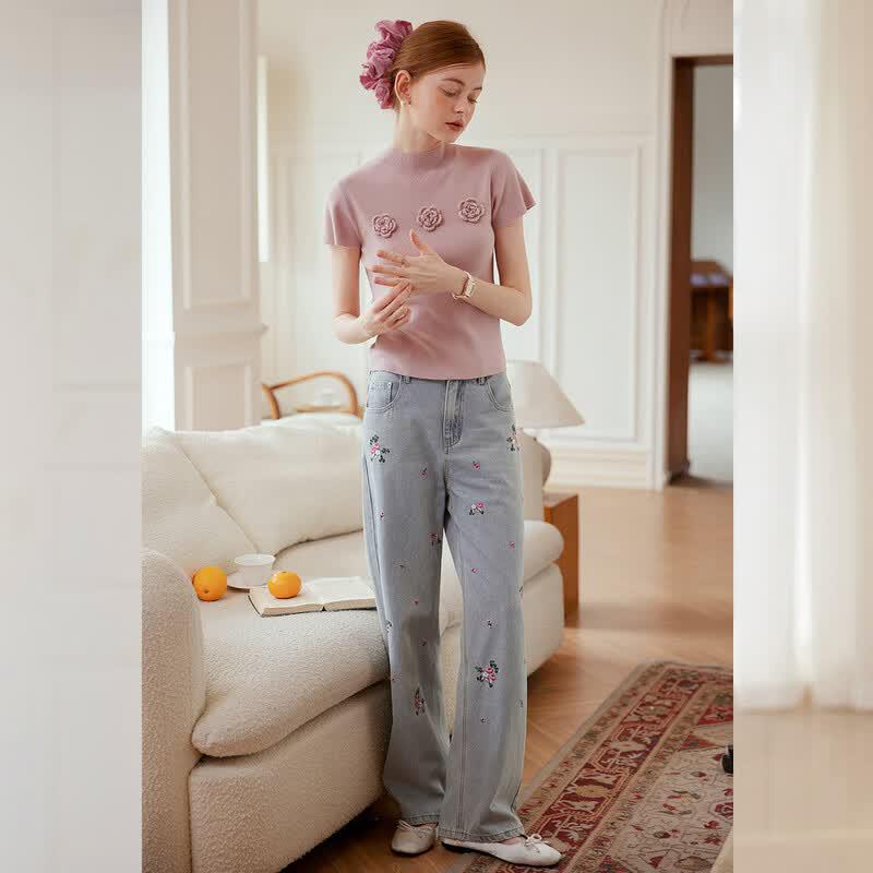 Women's French Sweet 3D Floral Slim Knit Top