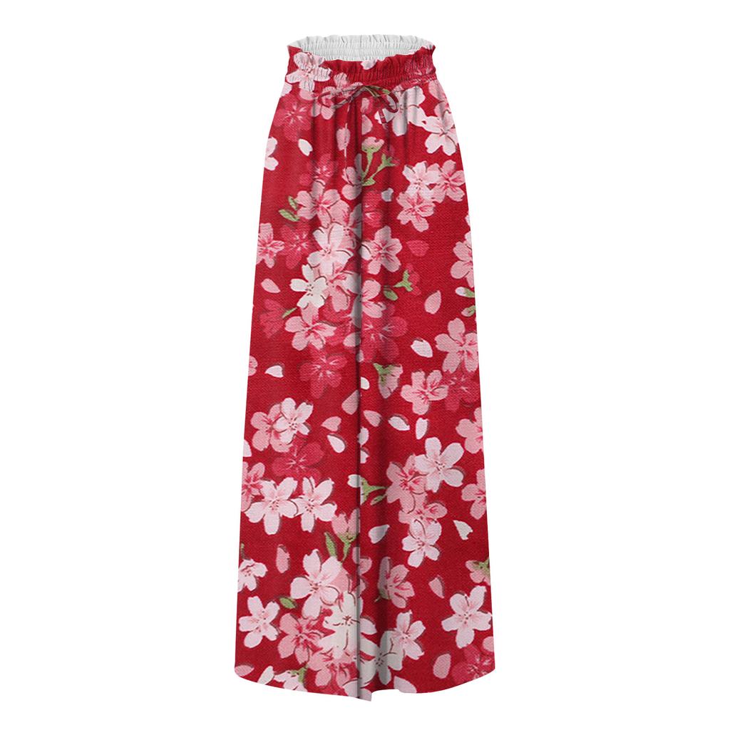 Damen Sommerhose mit weitem Bein, hoher Taille, fließende Taschen, modisch, lässig, lässig, Bohemian-Stil, bedruckt, Strandhose