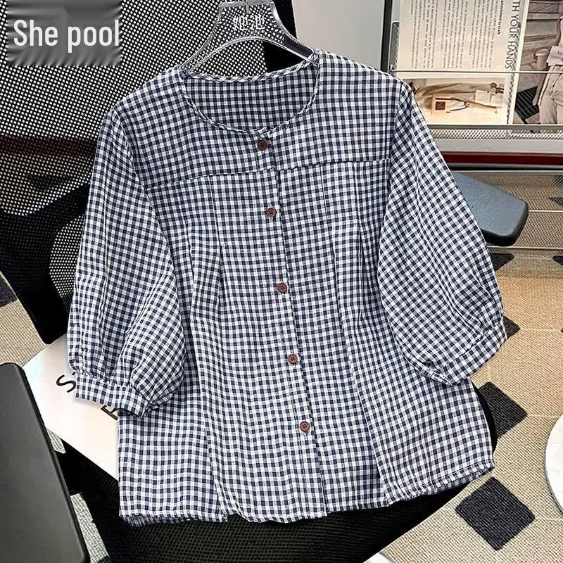 Japanese Style Color Block Plaid Loose Fit Shirt M