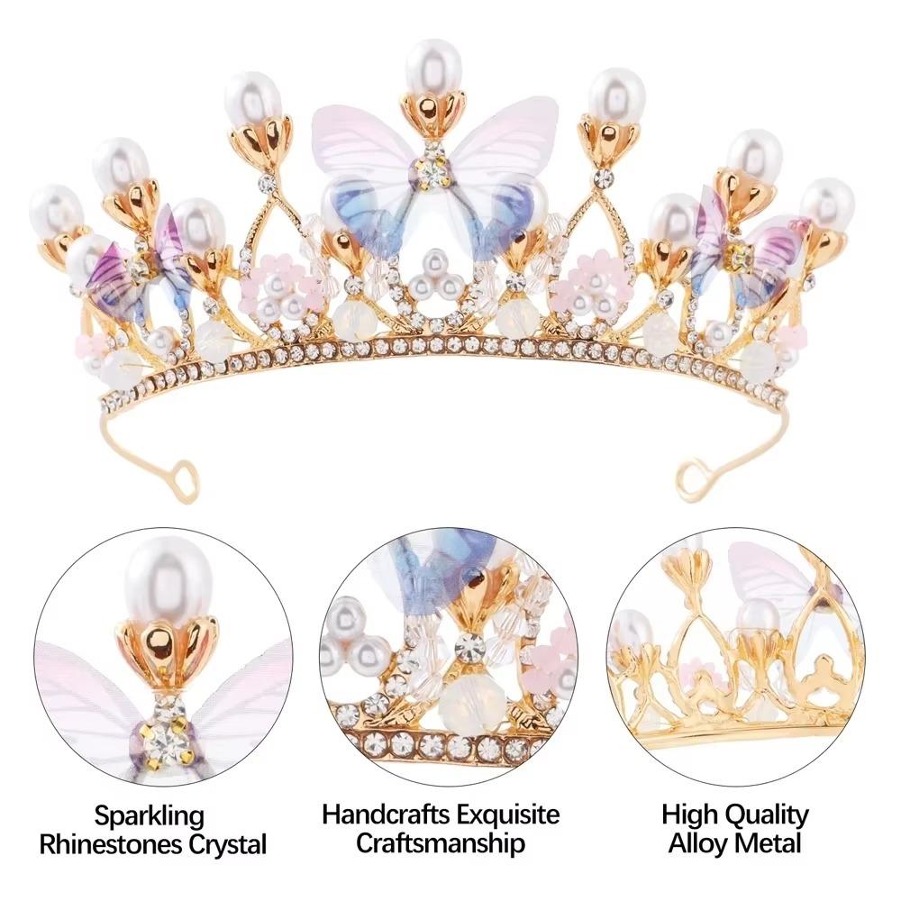 Pearl Crystal Princess Handmade Rhinestone Tiaras Crown for Girl Birthday Wedding Party Catwalk Queen Diadems Butterfly Decor