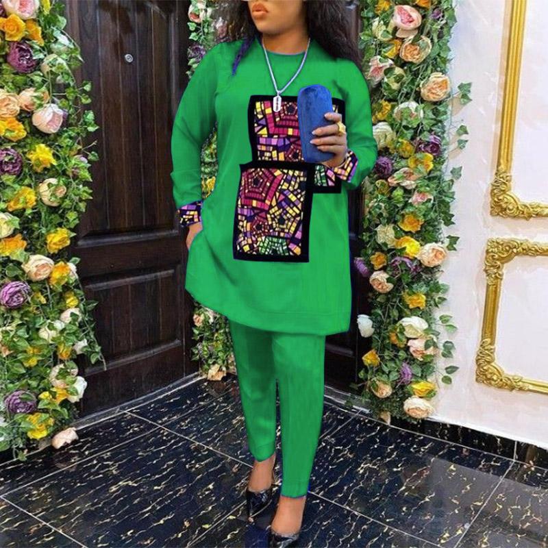 VONDA Zweiteiliges Set für Damen, großes Rundhalsausschnitt, lange Ärmel, bedrucktes Oberteil, einfarbig, lockere Hosen