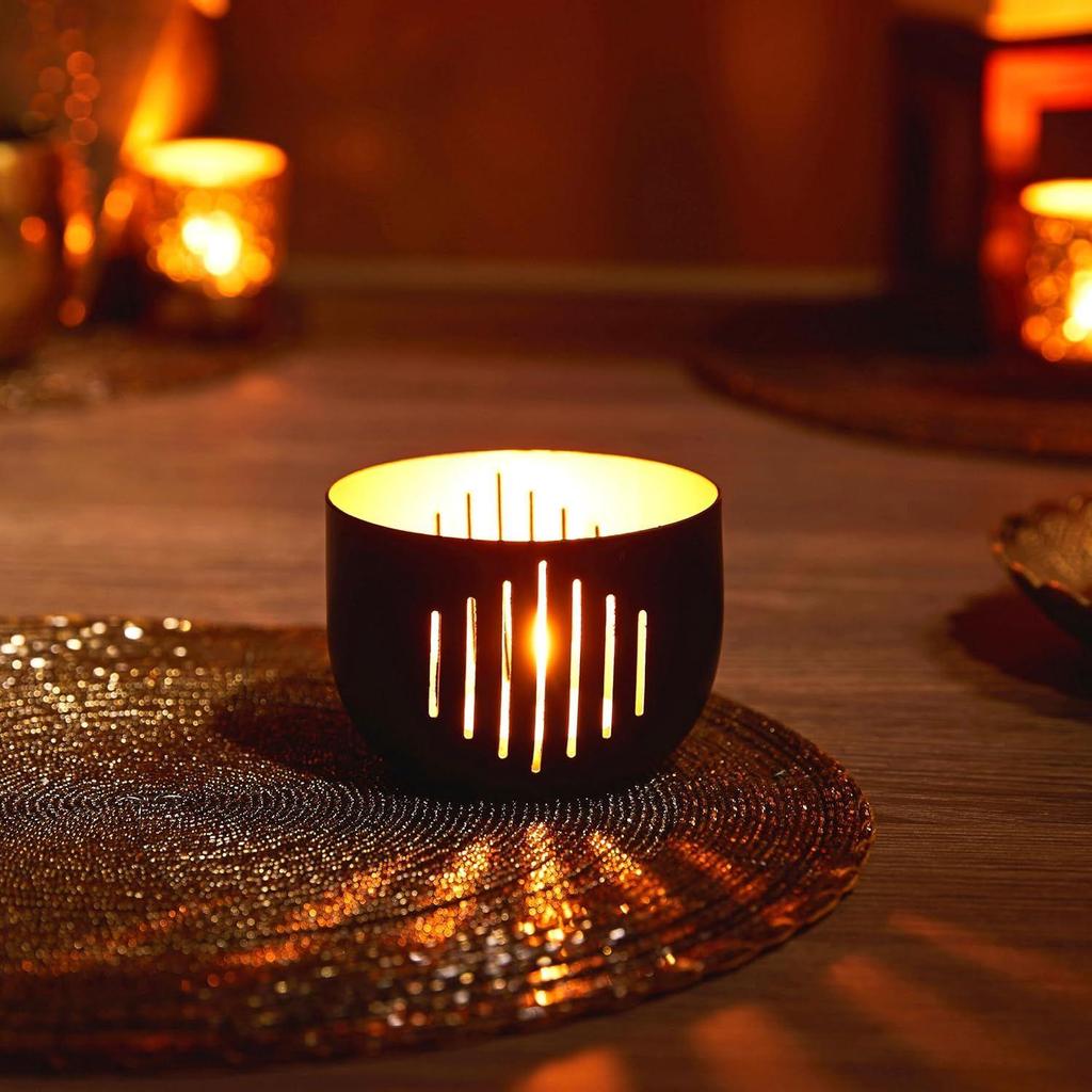 Ornamental Iron Tea Light | Stylish | for Indoors & Outdoors Décor (Matt Black with Gold)