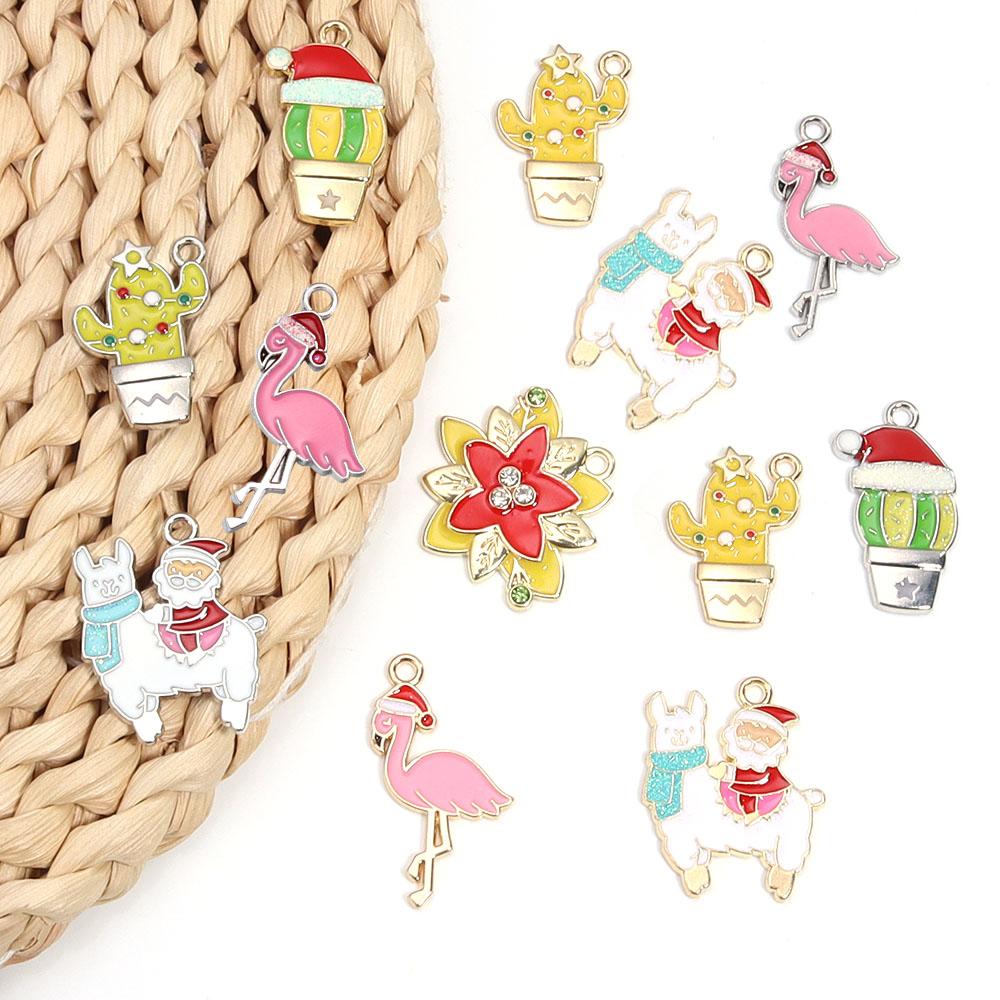 10pcs/Lot Alloy Christmas Enamel Charms Christmas Charms Pendants Flower Bird Cactus Pendants For DIY Jewelry Making Necklace