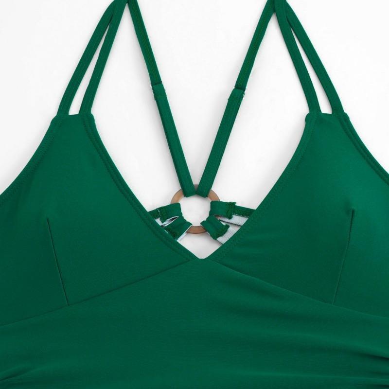 Damen Unifarben Grün Neckholder Badeanzug - Bauchkontrolle Raffung Badedress
