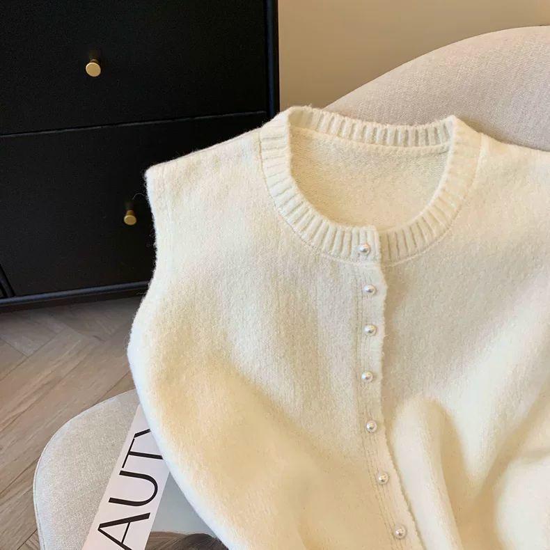 Sweater Vest Coats Women Patchwork Lace Lower Hem Lace-up Knitwear Cardigan Pearl Buckle Loose Sleeveless Round Neck Waistcoats