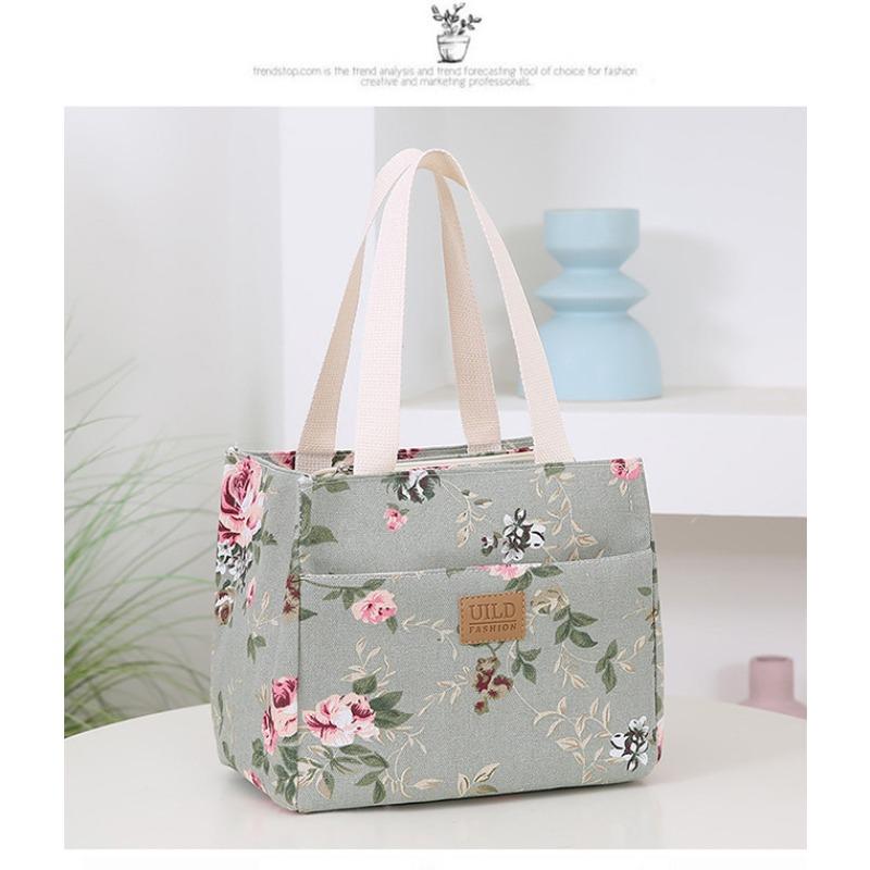 New fashionable women's hand-held printed canvas bag thickened large-capacity aluminum foil bento thermal insulation tote bag