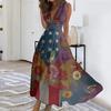 Womens Sleeveless V Neck Wrap Maxi Dress Patriotic Flag Print Floral Swing Summer Sundress Casual High Waist