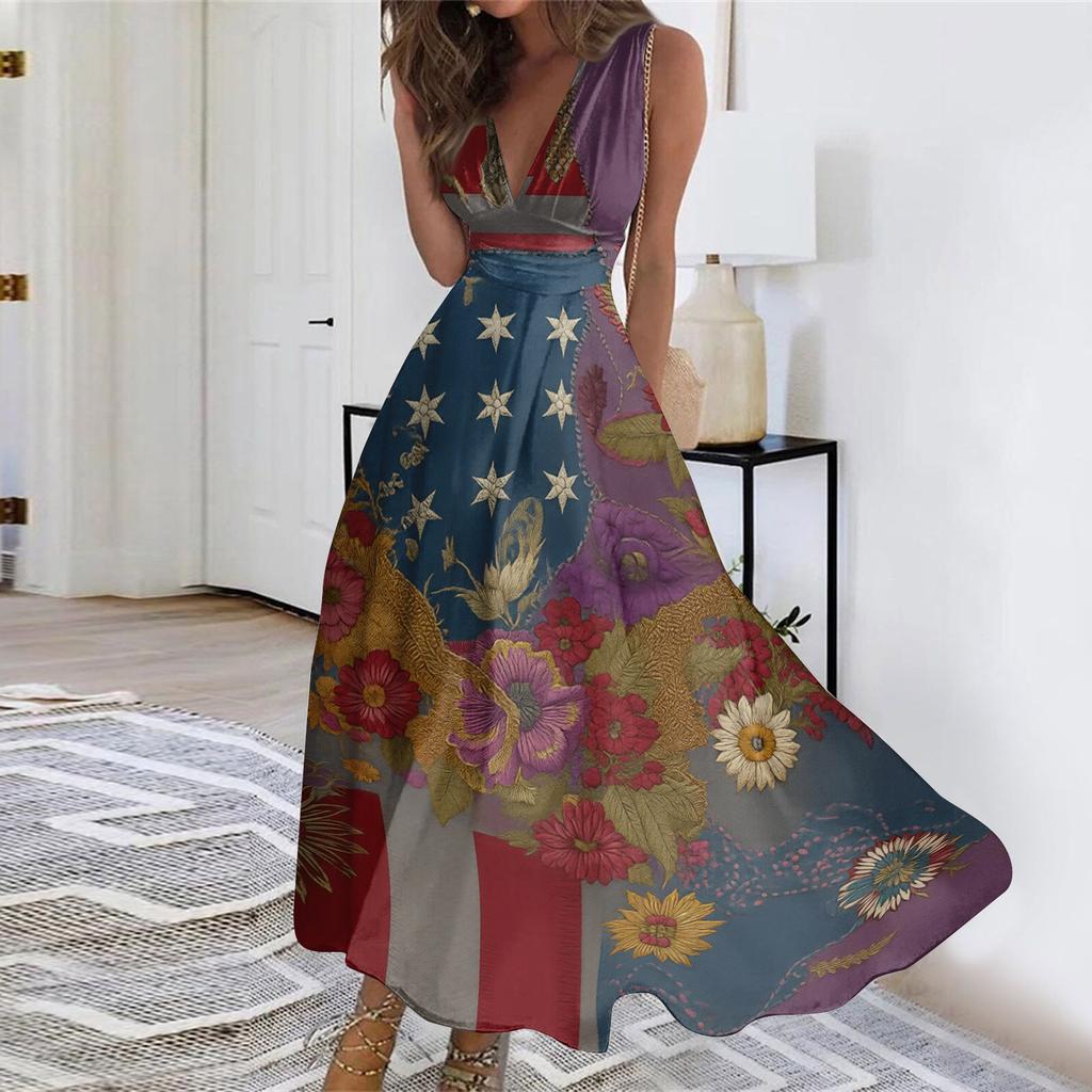 Womens Sleeveless V Neck Wrap Maxi Dress Patriotic Flag Print Floral Swing Summer Sundress Casual High Waist