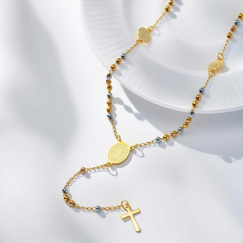 Vnox Stylish Stainless Steel Virgin Mary Necklaces, Multiple Beads Chain Cross Pendant, Long Sweater Chain Jewelry For Women