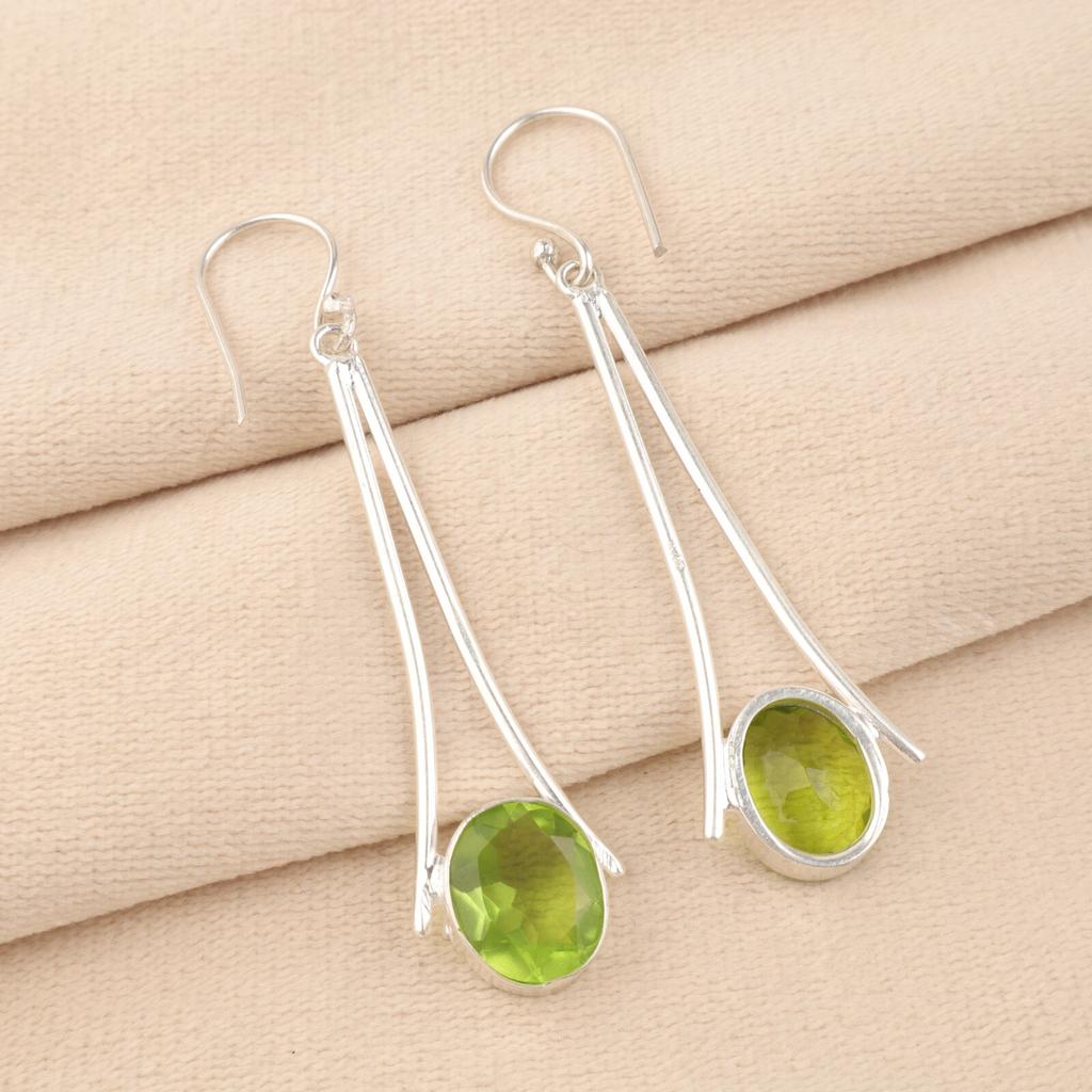 Natürlicher Peridot Edelstein 925 Sterling Silber Handgefertigt Hängeohrringe 2,63" EE-136-2