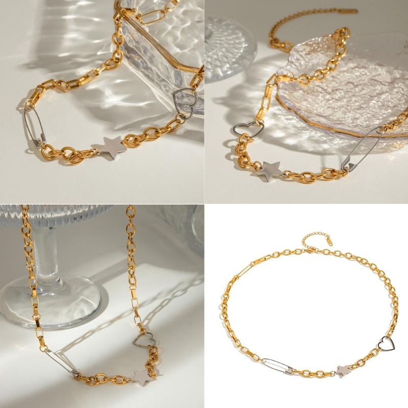 Gold Plated Stainless Steel Necklace Five-pointed Star and Love Heart Designed Neck Chain for Women Daily Jewelry Gift