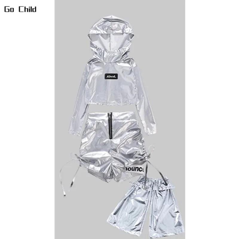 Girls K-pop Silver Crop Hoodies Shiny Cargo Pants Street Dance Shorts Kids Hip Hop Streetwear Children Jazz Hi Tech Clothes Sets