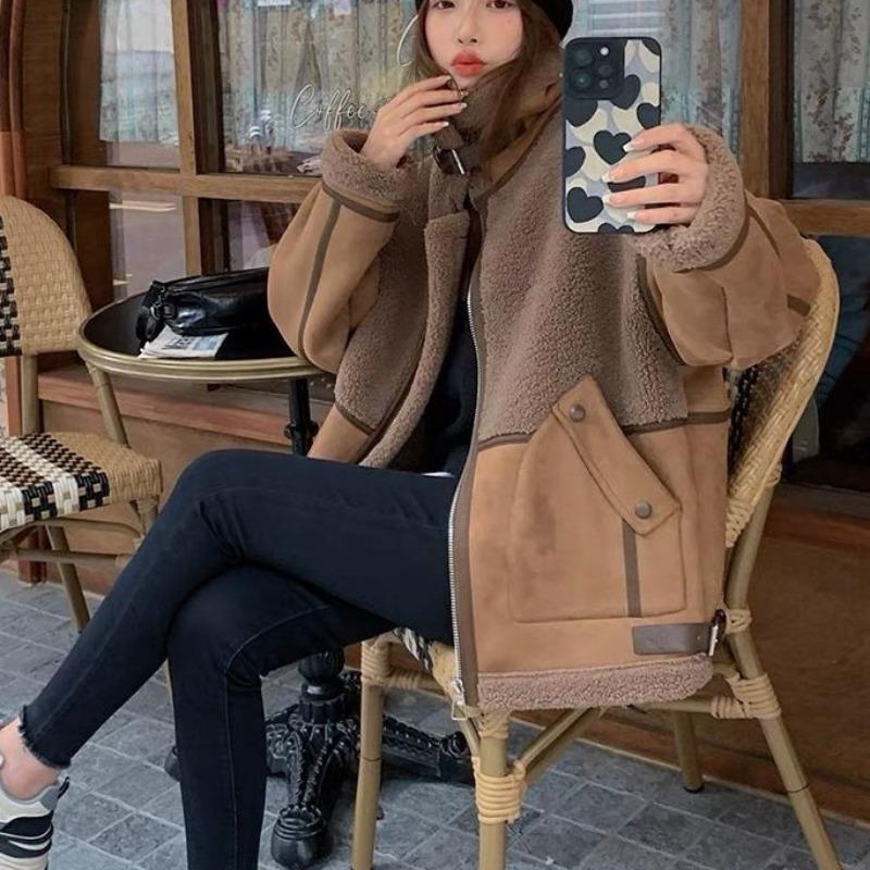 Suede and fur integrated coat women's winter new thickened short lamb splicing coat locomotive jacket cotton clothes