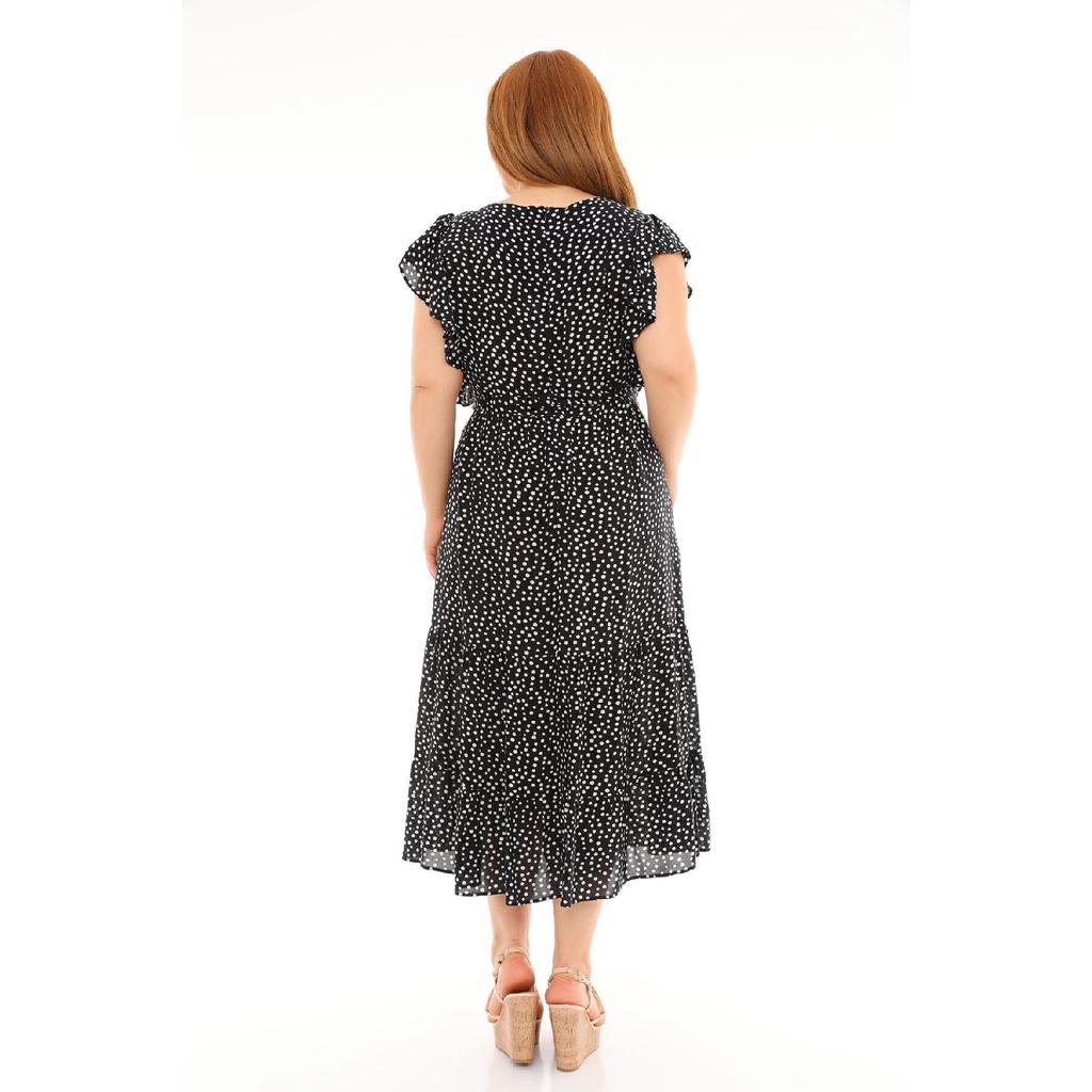 Flounce Sleeves Crew Neck Belted Floral Patterned Long Viscose Dress