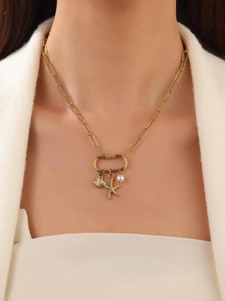 Paperclip Charm Necklace for Women, Gold Chunky Charm Necklaces Starfish Seashell Jewelry Charms Boho Gift Minimalism Metallic Style